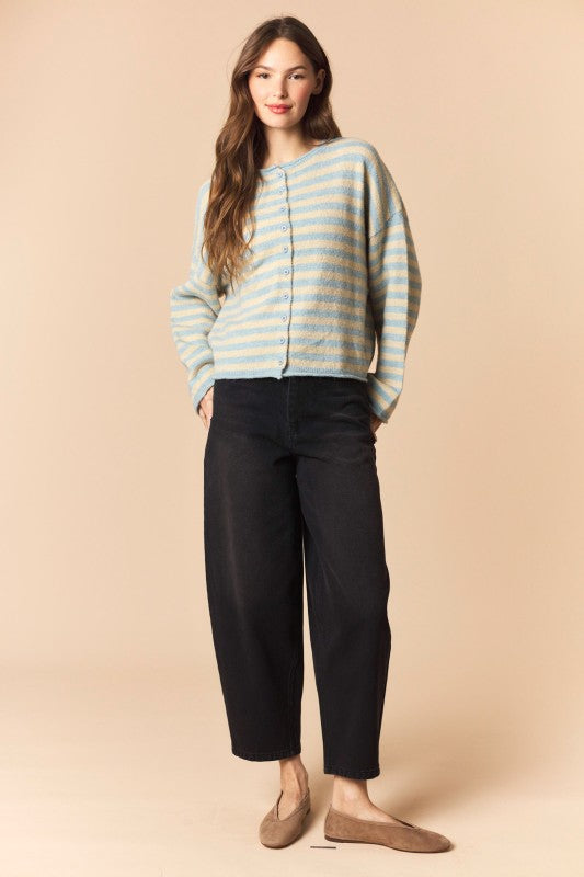 Dusty Blue and Ecru Oversized Striped Cardigan