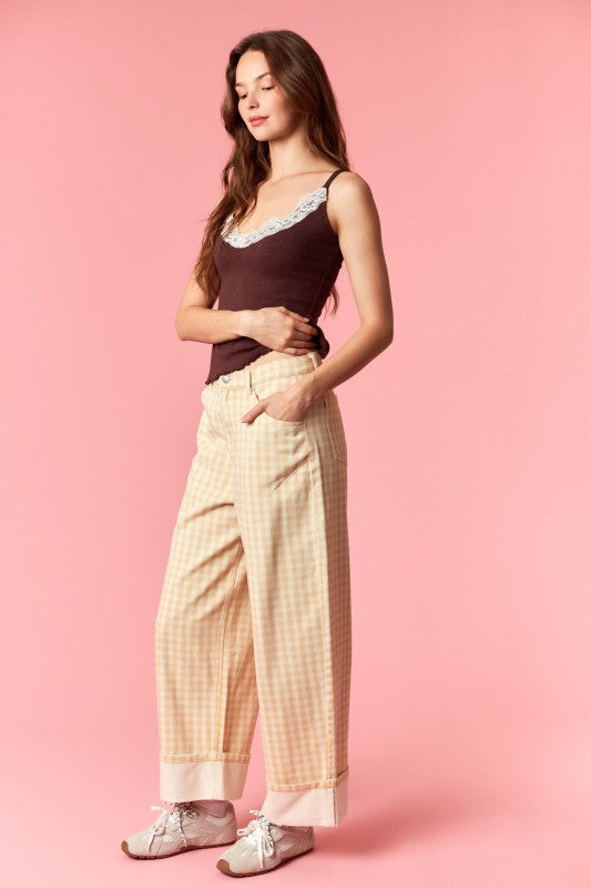 Butter Yellow Gingham Cuffed Jeans
