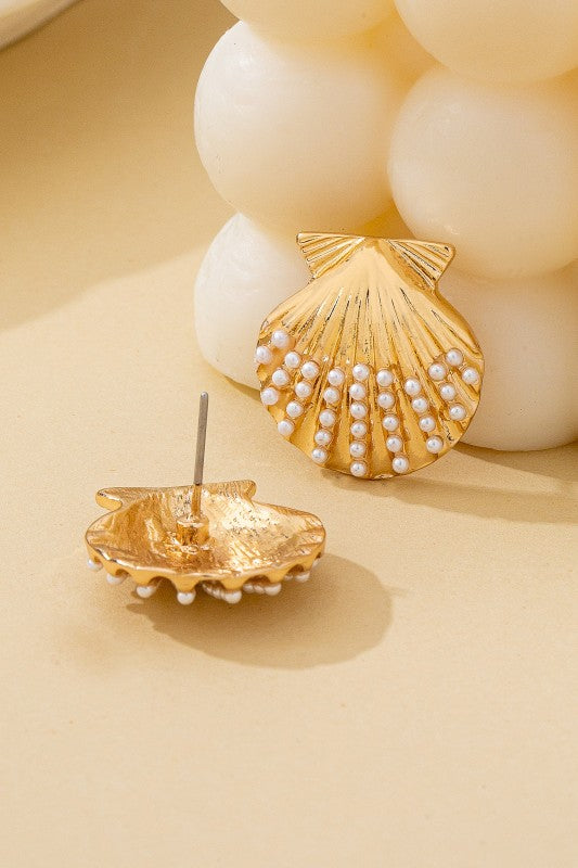 Scalloped Shell Pearl Stud Earrings