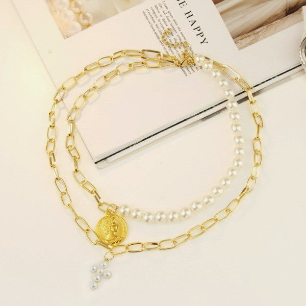 Coin and Cross Stacked Necklace
