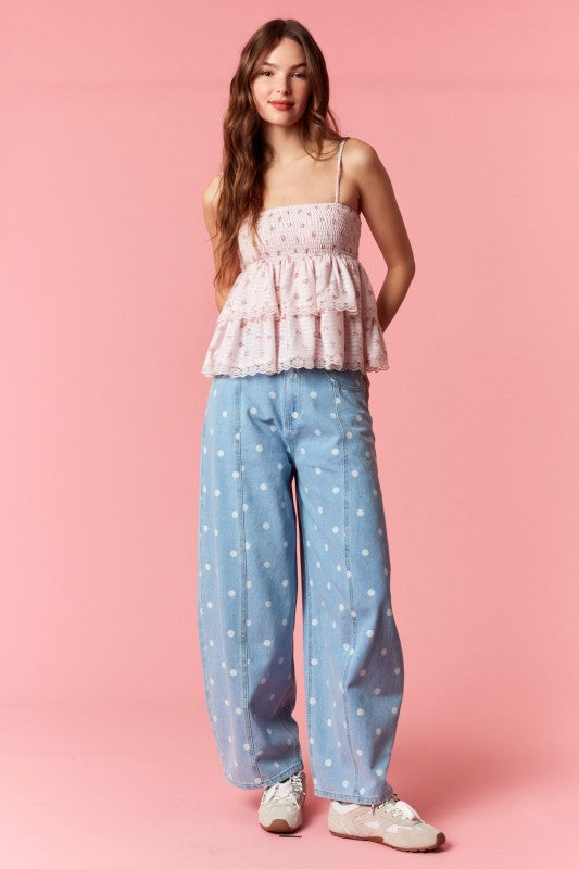 Washed Denim Polka Dot Barrel Jeans