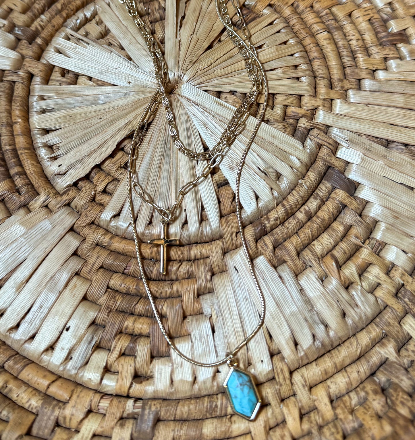 Multi-layer cross & turquoise chain necklace