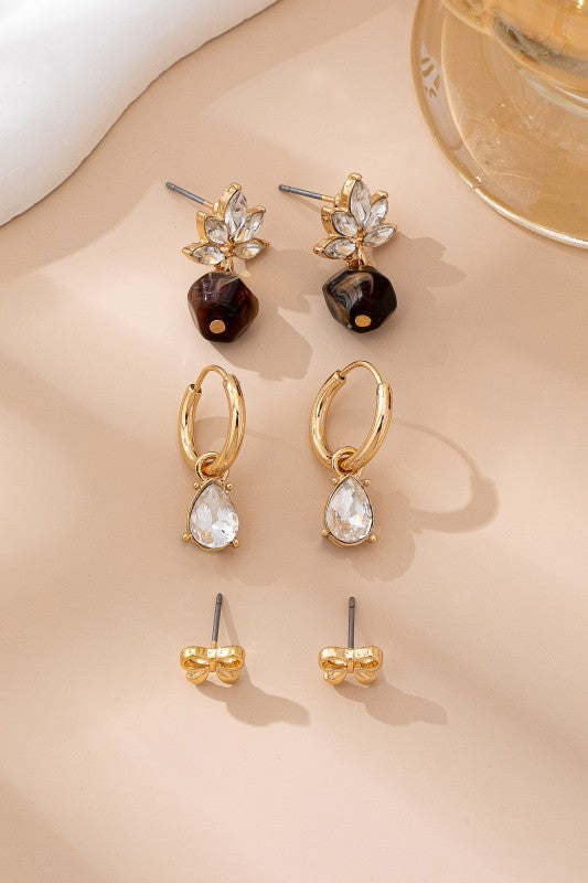 Gold tone floral drop earring set