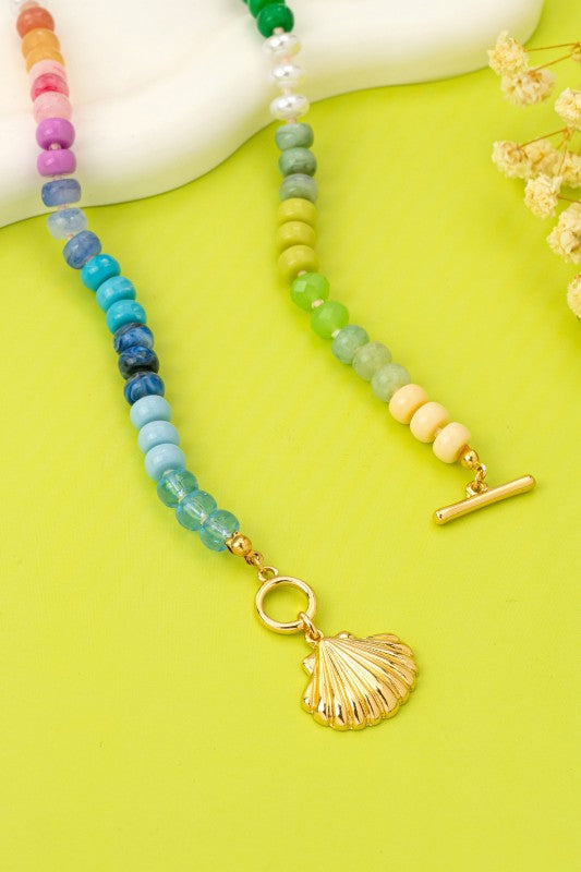 Rainbow Beaded Shell Charm Necklace