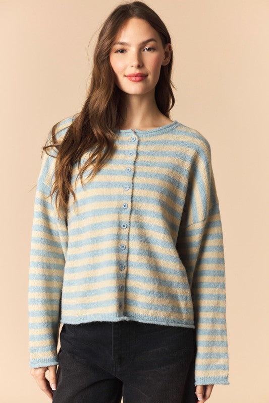 Dusty Blue and Ecru Oversized Striped Cardigan