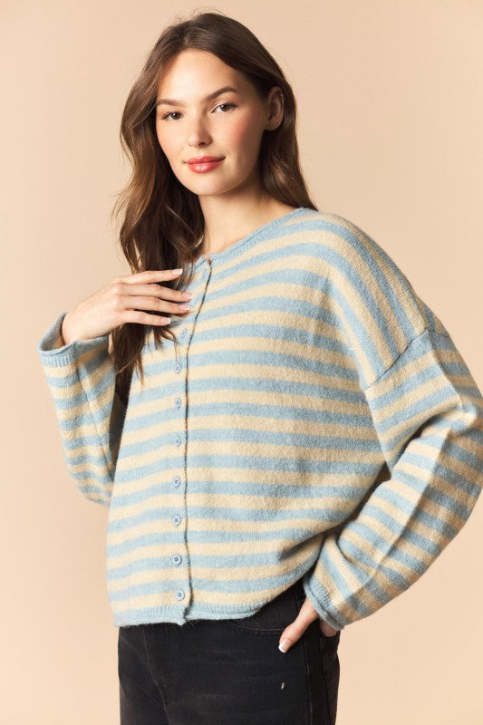 Dusty Blue and Ecru Oversized Striped Cardigan