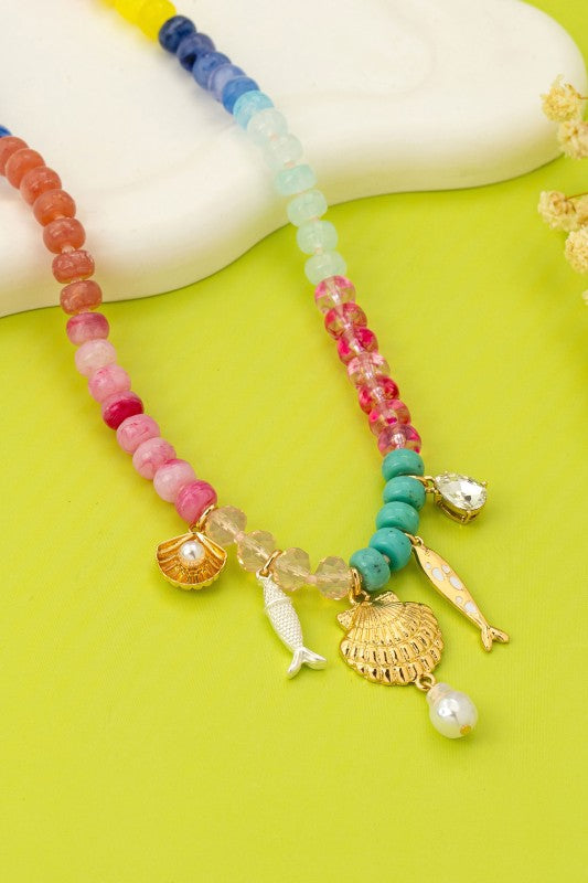 Salmon and Seashells Multi-Color Beaded Necklace