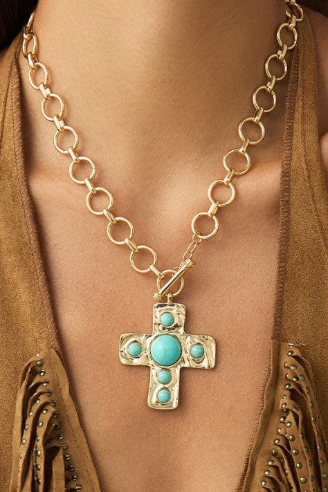 Hammered Cross Toggle Turquoise Necklace