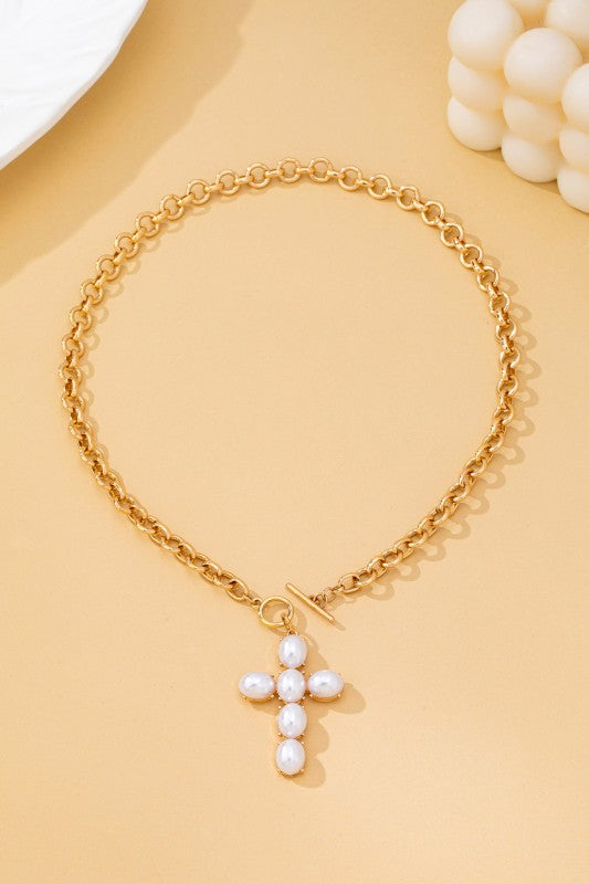 Large Pearl Cross Toggle Necklace