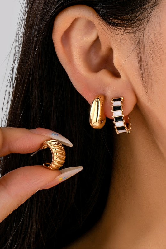 Checkered Textured Hoop Earring Trio