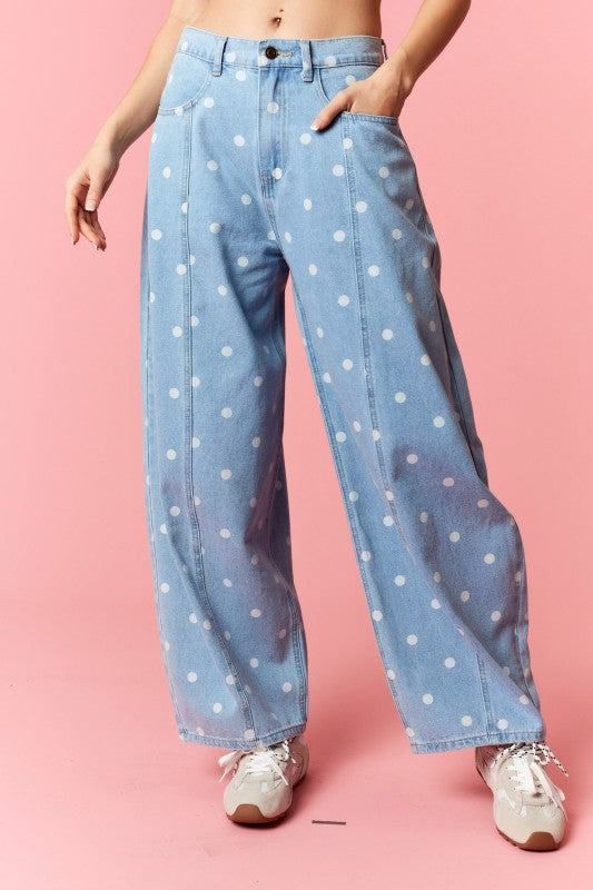 Washed Denim Polka Dot Barrel Jeans