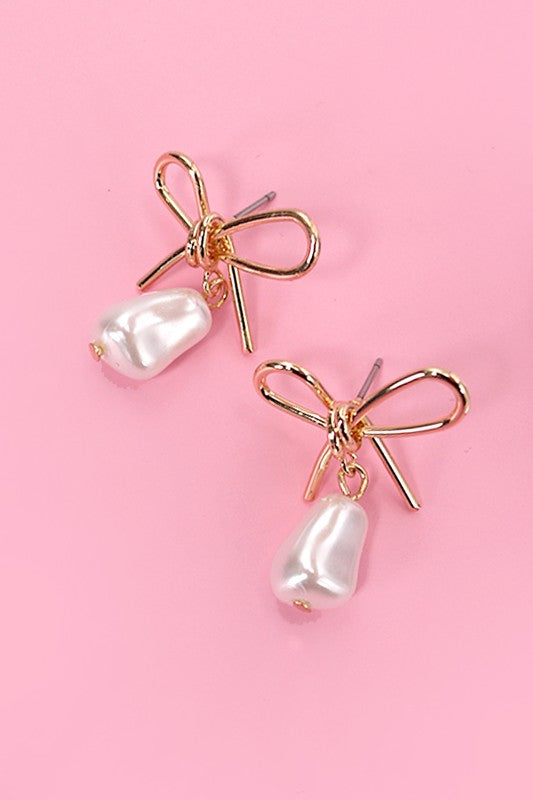 Pearl bow drop earrings