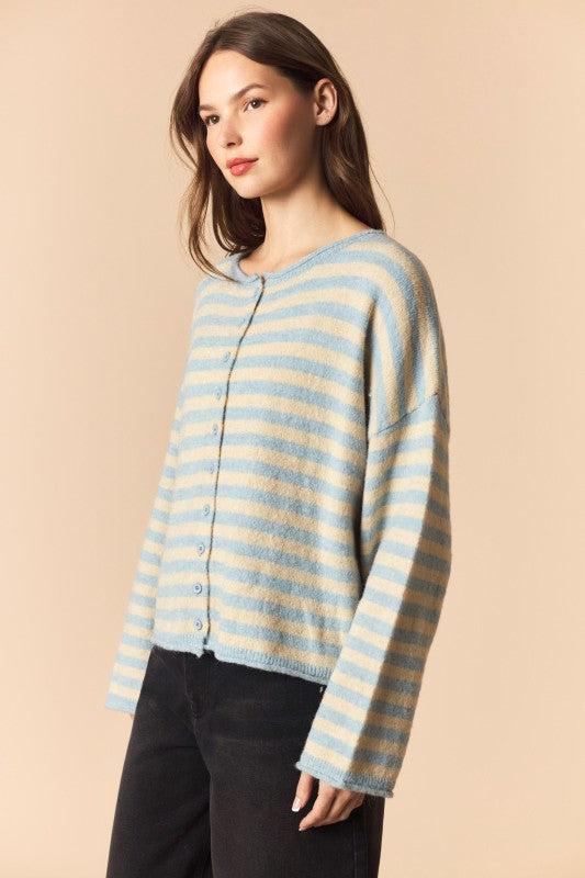 Dusty Blue and Ecru Oversized Striped Cardigan