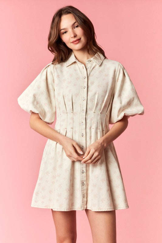 Floral and Denim Bubble Sleeve Dress