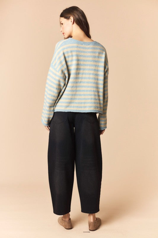 Dusty Blue and Ecru Oversized Striped Cardigan