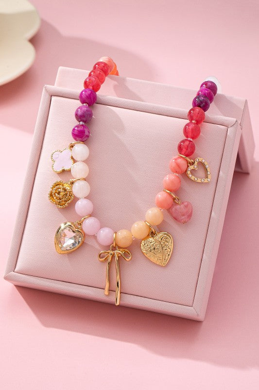Pastel beaded heart charm necklace