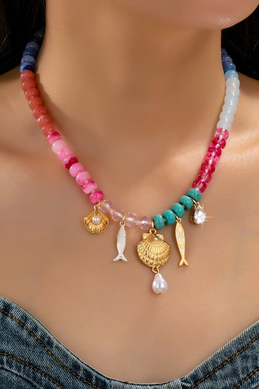 Salmon and Seashells Multi-Color Beaded Necklace