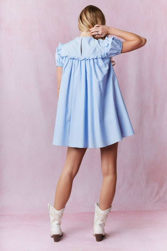 Blue Simple and Sweet Embroidered Dress