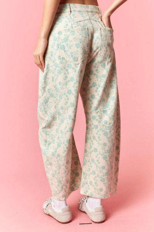 Floral Twill Barrel Jeans