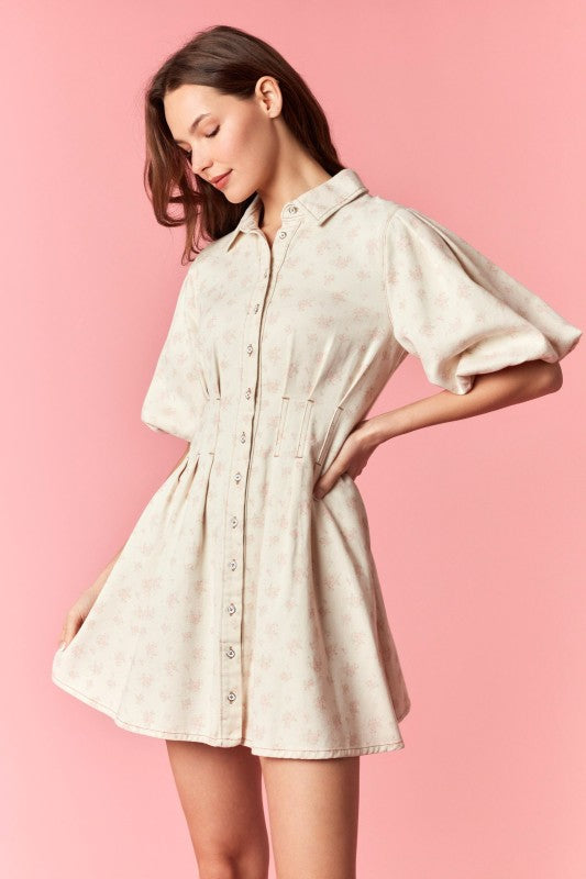 Floral and Denim Bubble Sleeve Dress