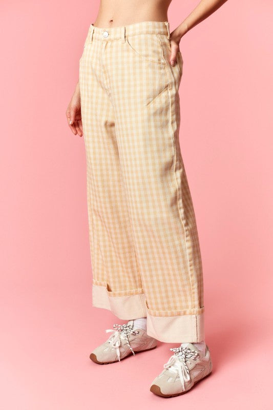 Butter Yellow Gingham Cuffed Jeans