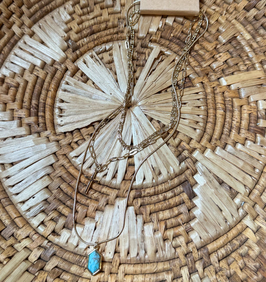 Multi-layer cross & turquoise chain necklace