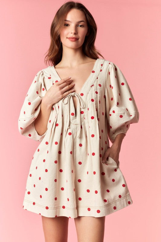 Cream and Red Polka Dot Denim Romper