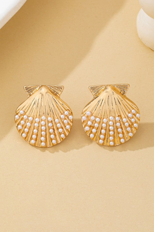 Scalloped Shell Pearl Stud Earrings