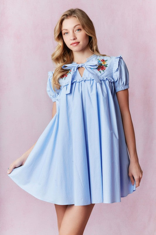 Blue Simple and Sweet Embroidered Dress