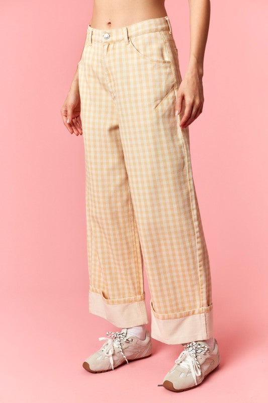 Butter Yellow Gingham Cuffed Jeans