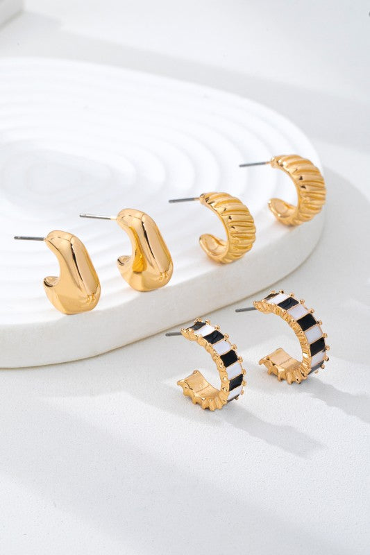 Checkered Textured Hoop Earring Trio
