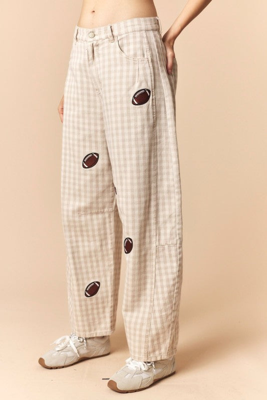 Football Patched Gingham Barrel Pants