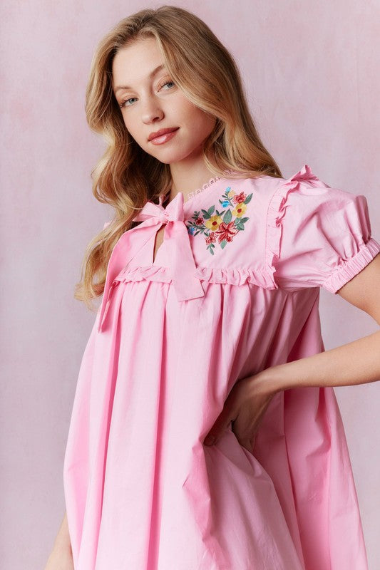 Pink Simple and Sweet Embroidered Dress