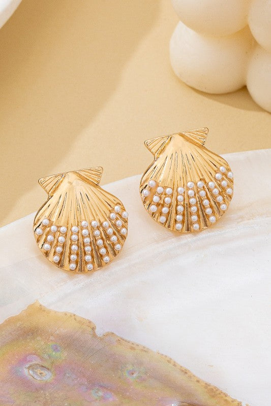Scalloped Shell Pearl Stud Earrings