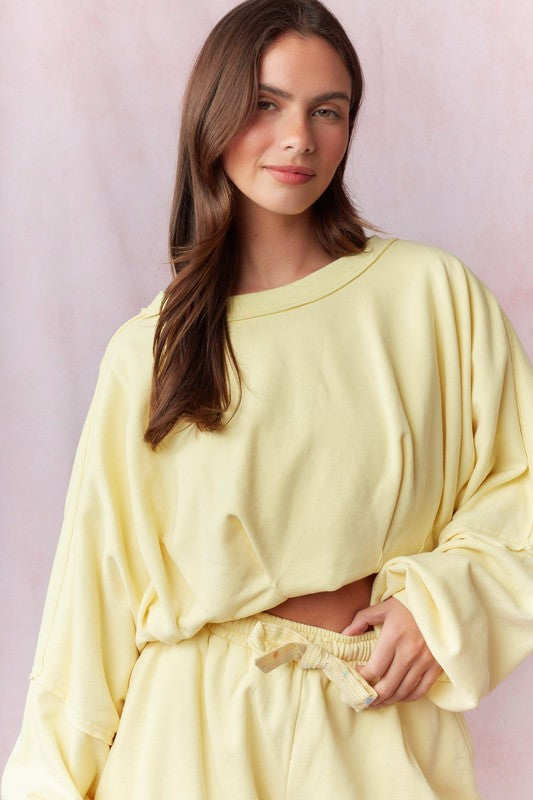 Butter Yellow Bubble Hem Cropped Sweatshirt
