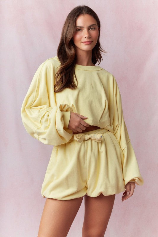 Butter Yellow Bubble Hem Cropped Sweatshirt
