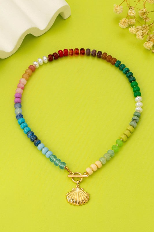 Rainbow Beaded Shell Charm Necklace