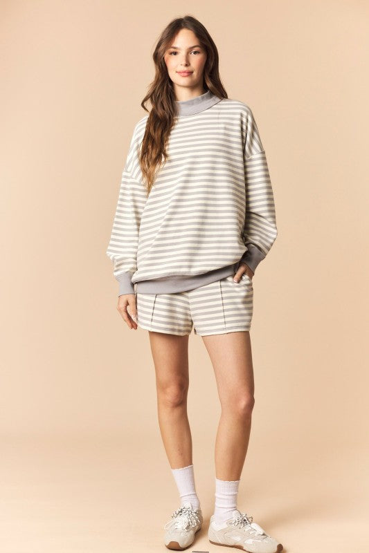 Grey and White Mock Neck Sweatshirt and Shorts Set