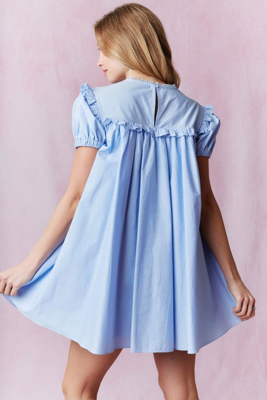 Blue Simple and Sweet Embroidered Dress