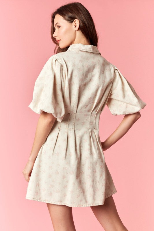 Floral and Denim Bubble Sleeve Dress