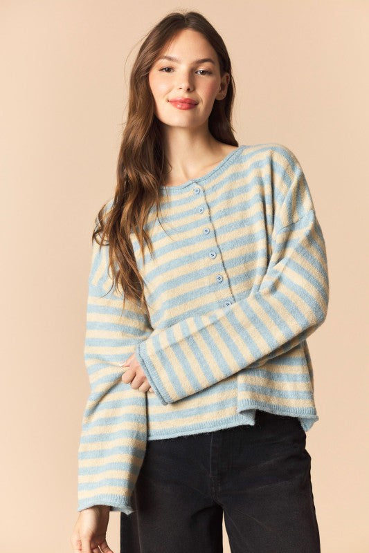 Dusty Blue and Ecru Oversized Striped Cardigan