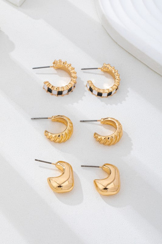 Checkered Textured Hoop Earring Trio