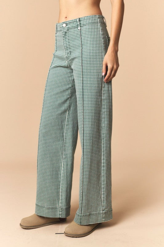 Gingham Twill Straight Pants