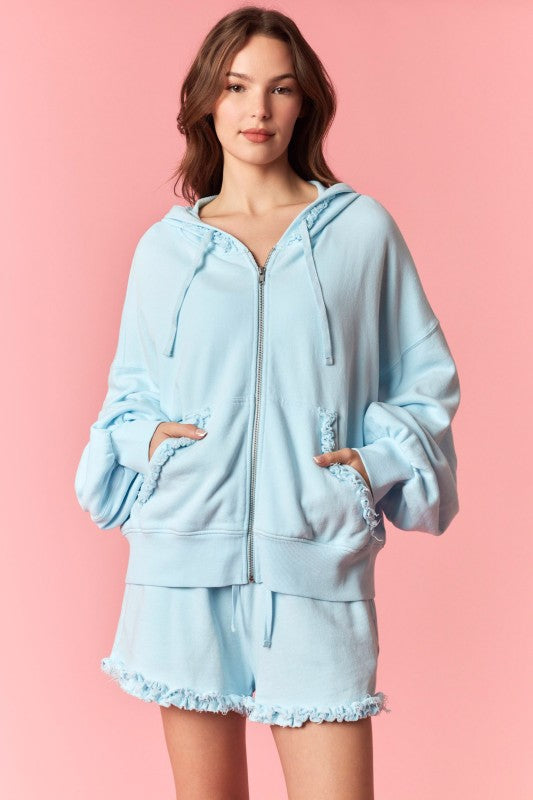 Ruffle Edge Hoodie & Shorts Set