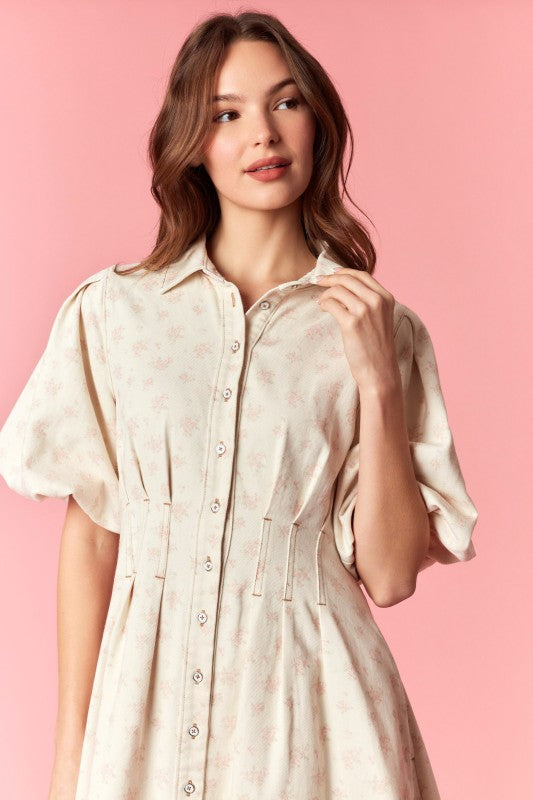 Floral and Denim Bubble Sleeve Dress