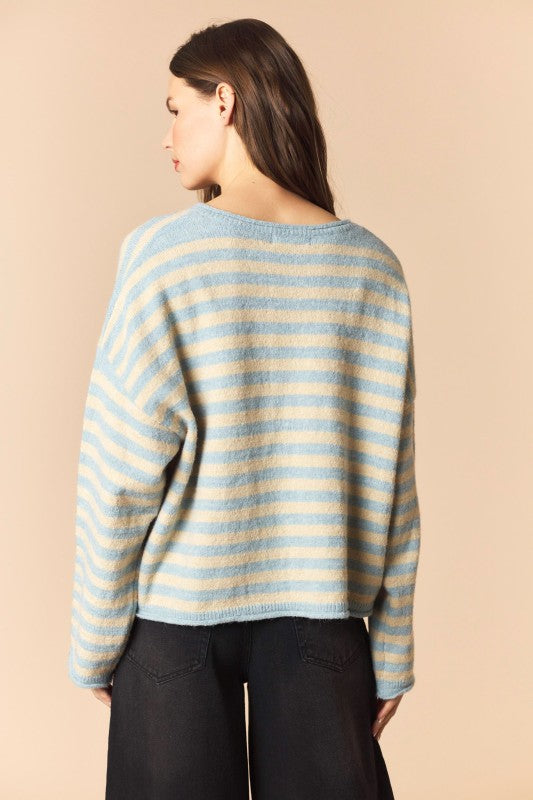 Dusty Blue and Ecru Oversized Striped Cardigan