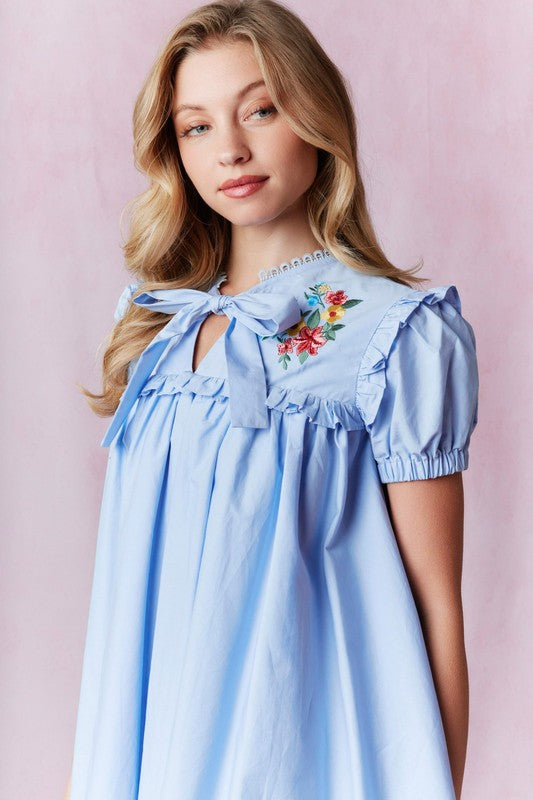 Blue Simple and Sweet Embroidered Dress