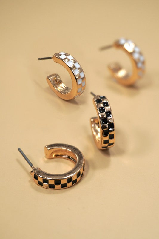 Checkered hoop huggie earrings