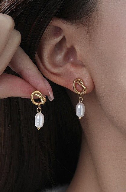 Knotted Pearl Tarnish Free Stud Earrings