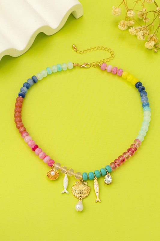 Salmon and Seashells Multi-Color Beaded Necklace